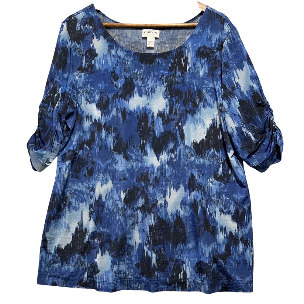 Chicos Travelers Blouse Womens 3 Blue Abstract Ruched Elbow‎ Sleeve Travel Artsy